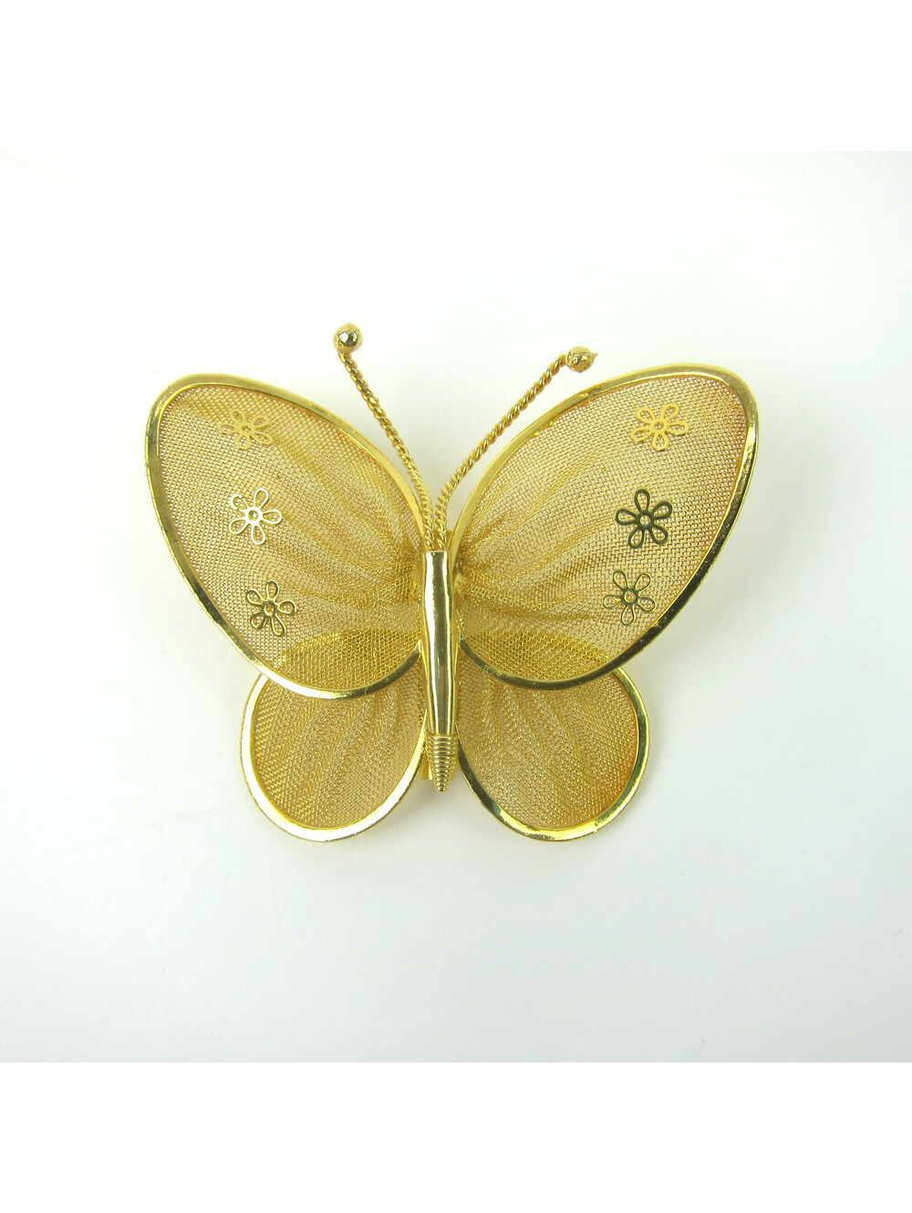 Vintage Butterfly Brooch Pin Gold Tone Mesh Wings Flower Accents 2" Mid-Century
